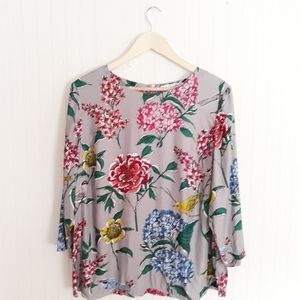 Boden Floral Blouse in Gray with Red, Blue, and Yellow